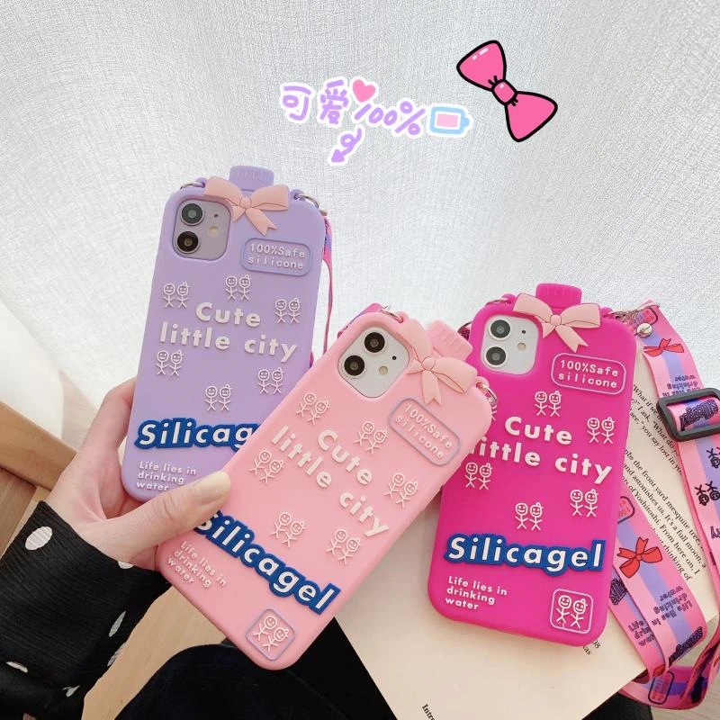 

3D Pink Bowknot Cute Little City Water Bottle + Lanyard Couple Silicone Case for IPhone 12 11Pro Max 7 8 Plus X SE 20 Soft Cover