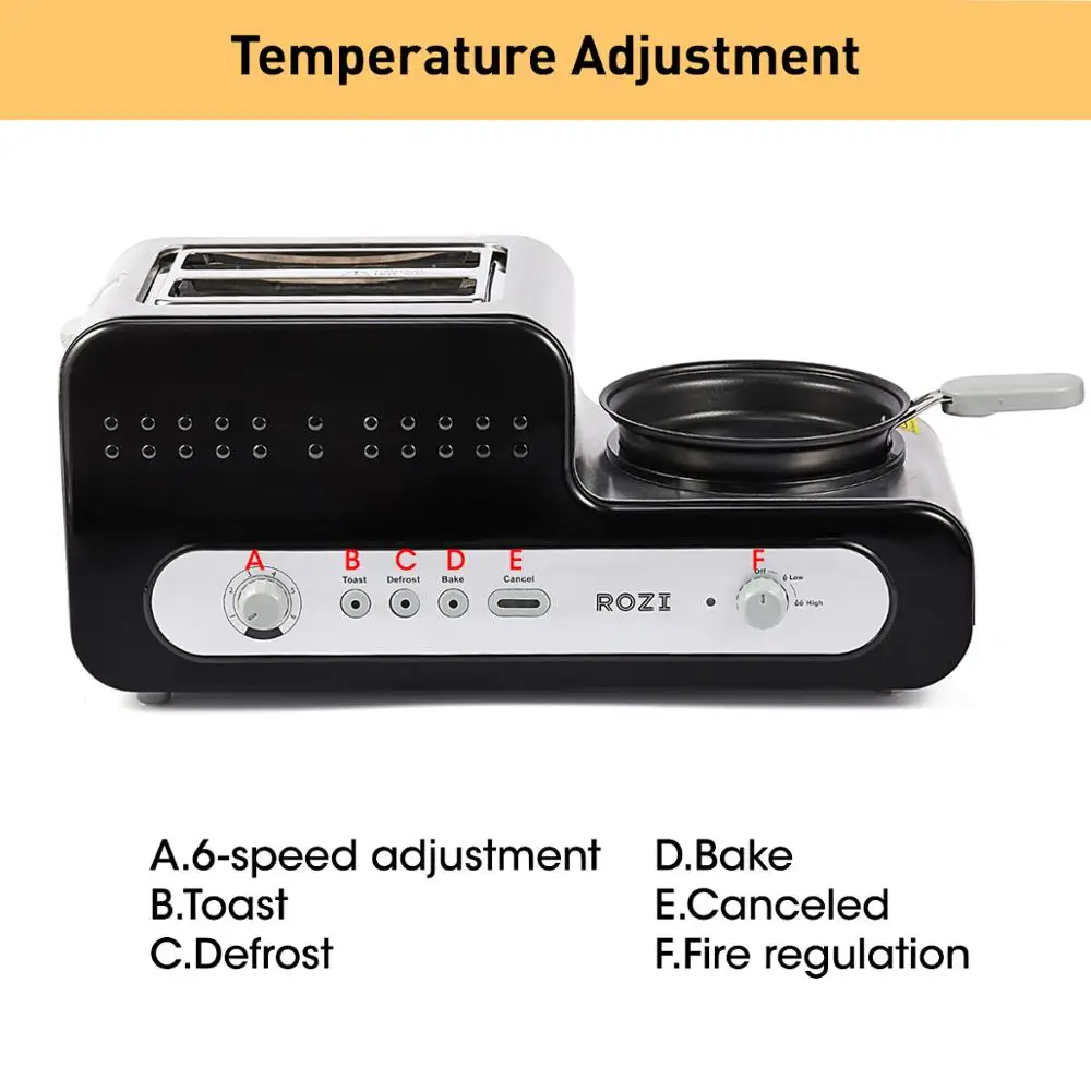 Тостер ROZI и сковорода в одном тостер 2 слота с 6 уровнями из нержавеющей стали
