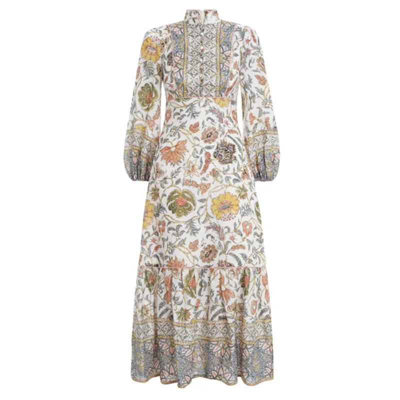 Винтажное дизайнерское женское платье с принтом воротник-стойка длинные рукава