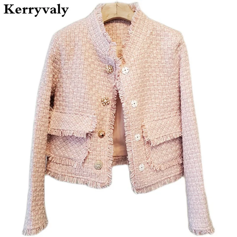 

Luxury Celebrity Pink Small Fragrance Tweed Short Crop Coat Woman 2021 Spring Korean Bomber Jacket Ropa Para Mujer K3089