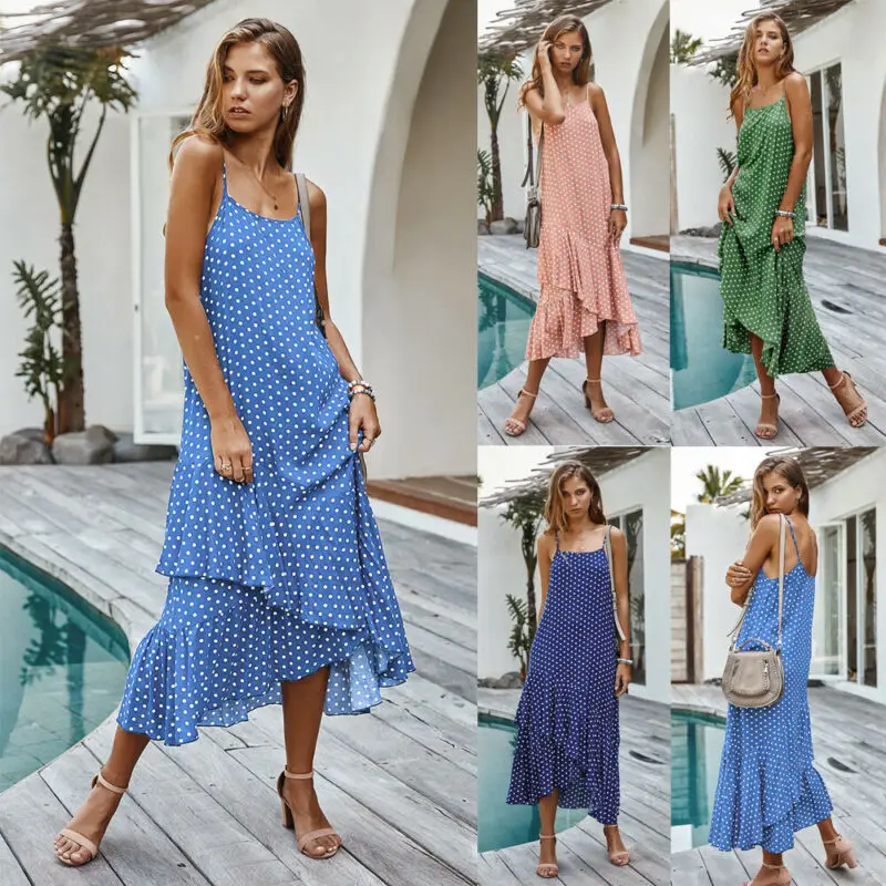 

Ladies Summer Boho Maxi Dress Spaghetti Strap Evening Party Beach Dress Elegant Summer Holiday Sling Polka Dot Printed Sundress