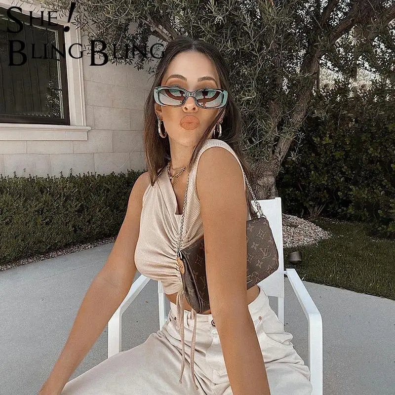 SheBling в рубчик без рукавов на лето Для женщин топы с бретельками и асимметричным