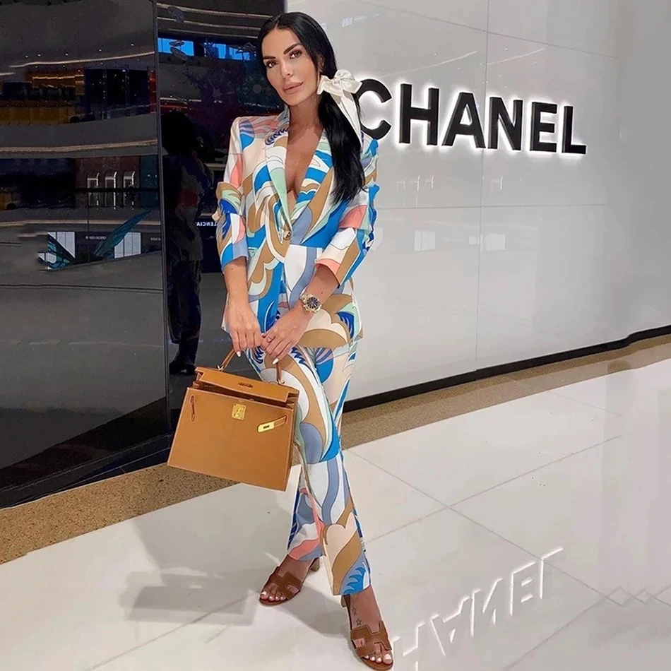 

High Quality Women'S 2021 Spring New Geometric Print 2 Two-Piece Set Sexy V-Neck Long Sleeve Suit Jacket And Pants Fashion Set