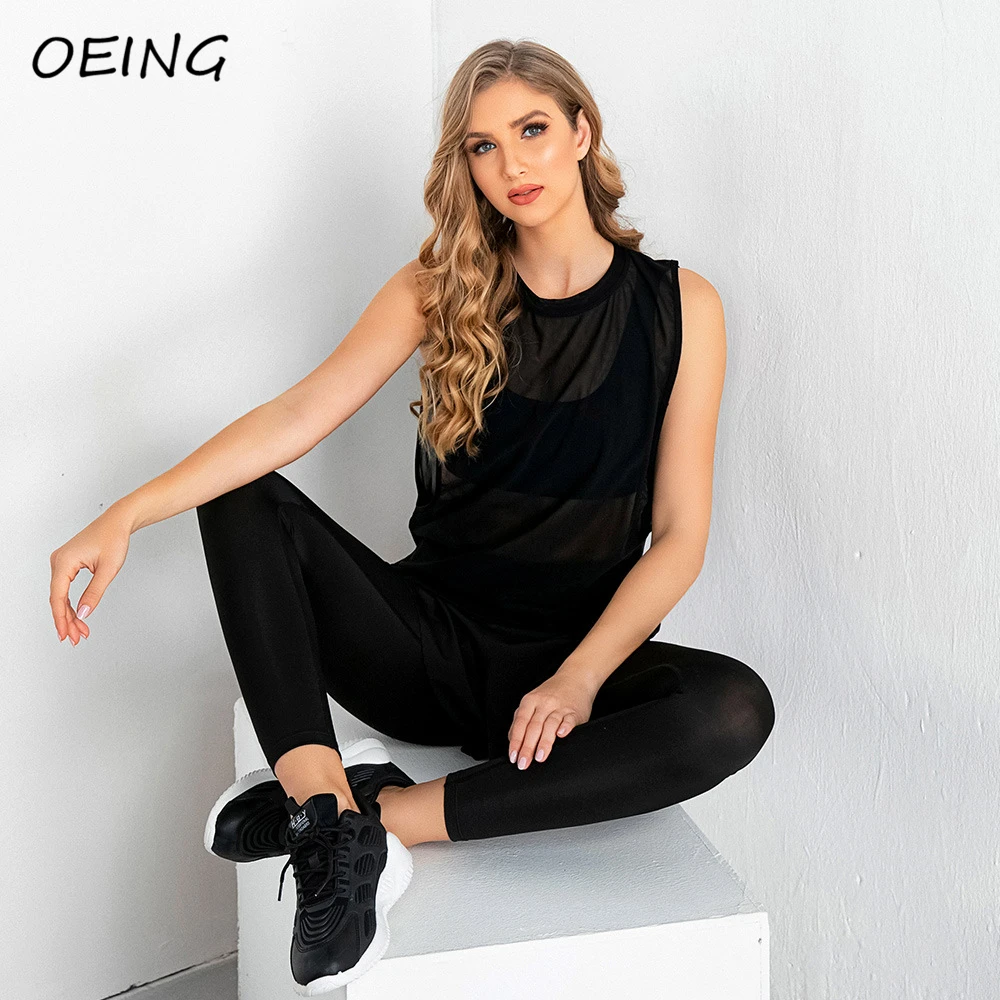 

Black Stretchy Brethable Yoga Clothes Fitness 3 Piece Sets Mesh Tops and Seamless Legging Jogging Bra Sets