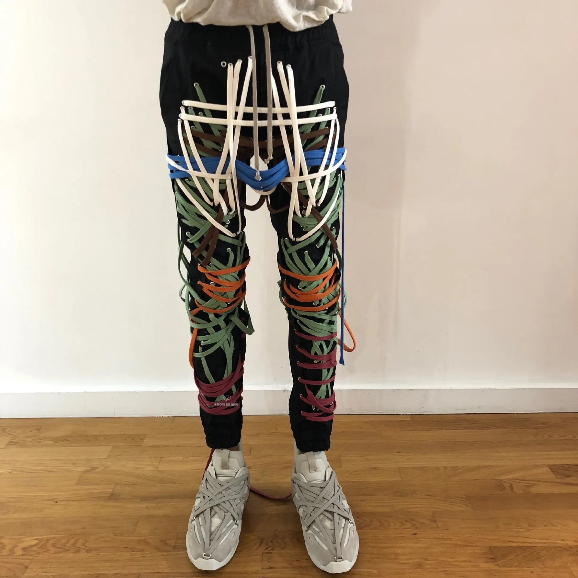 

Men's Wear High Street Patchwork Strings Bandage Male's Trouser High Waist Casual Slim Pants 2020 Streetwear Fashion Tide