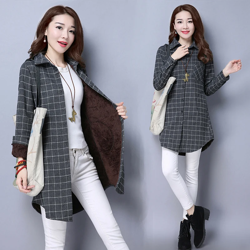 

Winter Velvet Thick Keep Warm Plaid Blouse Female Long Sleeve Tops Women 2021 Casual Checked Blouse Thick Cotton Flannel Shirts