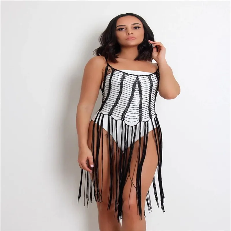 

Women's Beach Smock, Hollow Dress, Holiday Knitting Woven Reflective Beads Tassels Sling Midi