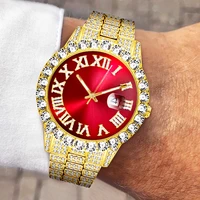 red dial watch missfox fashion ice out watch men hip hop diamond clock golden watches mens quartz wristwatch relogio masculino