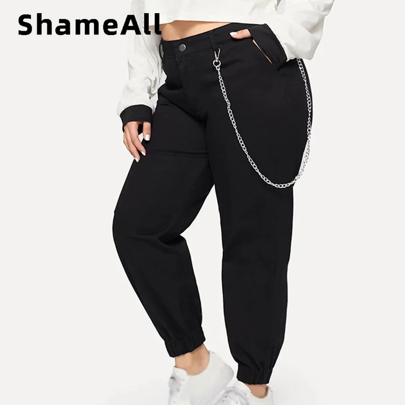

Plus Size High Waist Black Pants Chain Casual Full Length Female Women Regular Harem Pants Denim Trousers Mom Pant Spring Autumn