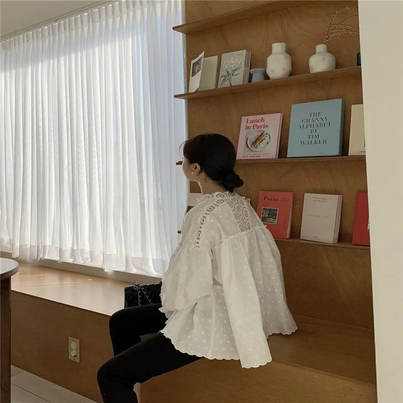 

Chic French Style Hollow Out Lace-up Blouses Elegant Termperament All-match Basic Autumn Shirt Sweet Chic Korean Style Tops 2020