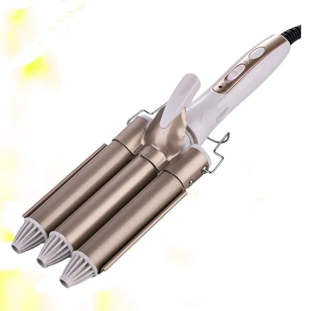 

Large Three-Stick Curler Egg Roll Head 3 Tube Ceramic Curling Iron Salon Home Use with Plug (Golden 25mm)