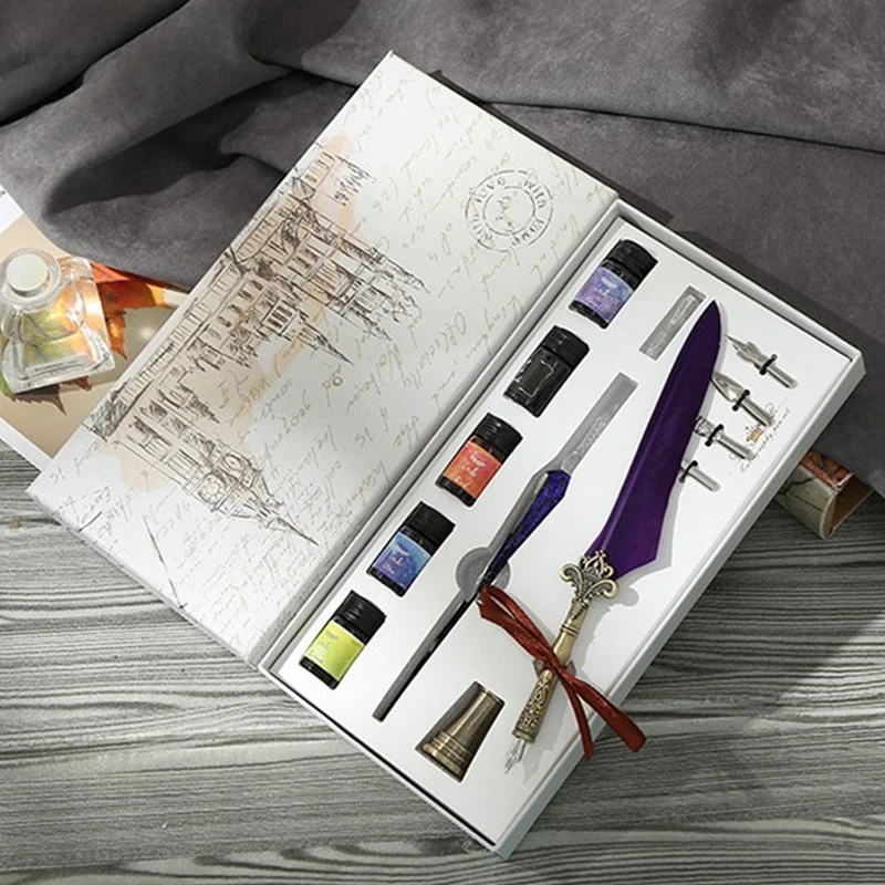Vintage Glass Pen Ink Star Dipping Fountain Crystal Feather Set Birthday Gift Box | Канцтовары для офиса и дома