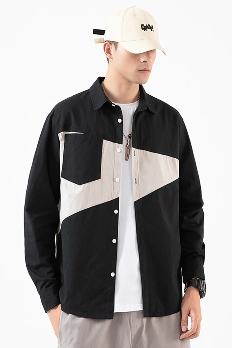 

Stitching shirt 2020 autumn new men's Japanese large size shadowless wall color matching long-sleeved street hip-hop shirt cool