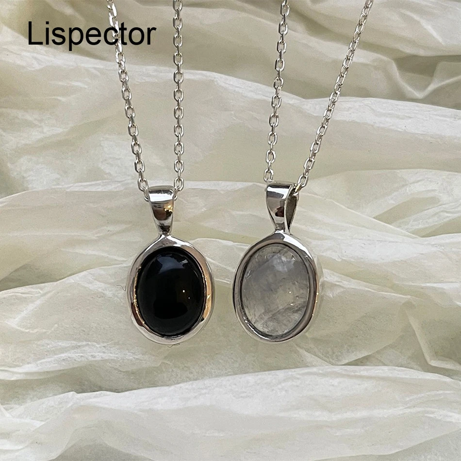 

Lispector 925 Sterling Silver Black Agate Pendant Necklaces for Women Simple Oval White Crystal Necklace Birthday Stone Jewelry