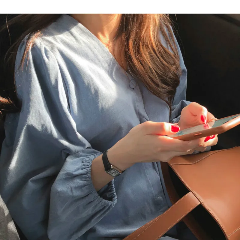 Women Spring Autumn Long Sleeve Cordoroy Shirt Dress V Neck Loose Plus Size Single Breasted Dresses with Waistbelt | Женская одежда