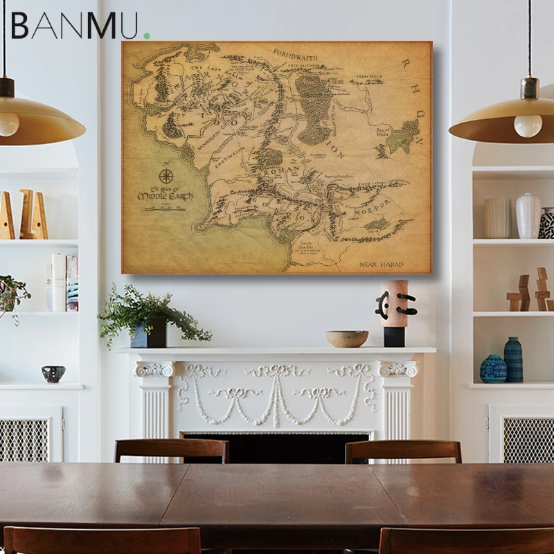 

BANMU Middle Earth Retro Near HARAD City Map Wall Art Poster Vintage Map Wall Canvas Paintings Livingroom Home Decor
