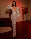 Блестящее шикарное Русалка, вечерние платья с крупными бусинами и блестками, прозрачное платье с V-образным вырезом и длинными рукавами Aso Ebi, официальное платье для выпускного вечера, Халат