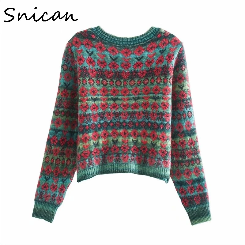 

Snican square collar cropped cardigan green floral Women tops za 2021 Spring Fashion sweater abrigos mujer invierno vintage
