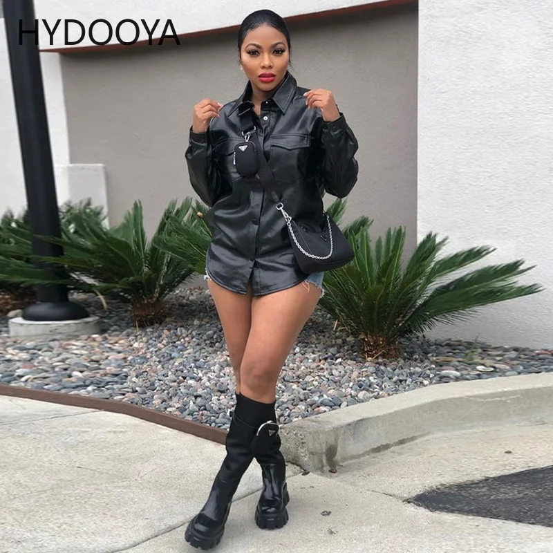 

Cool Streetwear Women Clothing Loose Blouse Tops Lady Long Sleeve PU Faux Leather Moto & Biker Sexy Shirt Hip Hop Female Clothes