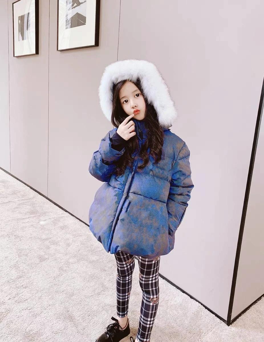 

Детская зимняя куртка с большим шерстяным воротником для девочек, с капюшоном, белый гусиный пух, градиентный синий пуховик, Детская куртка