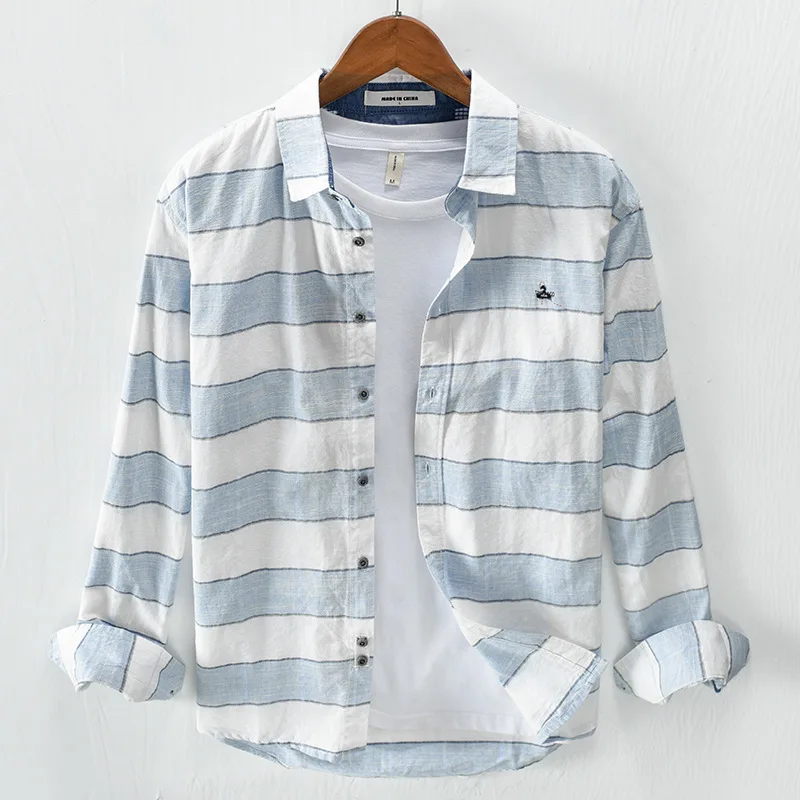 

Spring Autumn New Style Cotton Striped Square Collar Long-Sleeved Shirt Men Casual Fresh Simple Loose Tops Youth Fashion Metro