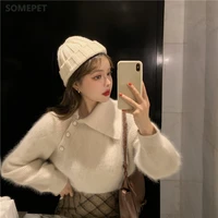 winter korean version of the lapel imitation mink velvet short white sweater super fairy design knit sweater