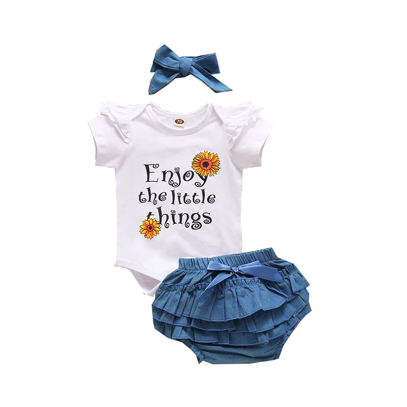 

New Born Baby Summer Clothes Set, Short Sleeve Letter Print Top Ruffle Short Pants and Hairband 3 Pcs Suits 2021 Outfits