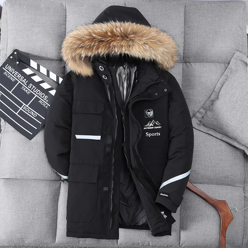 

Мужская зимняя куртка на белом утином пуху, теплая ветровка средней длины с меховым воротником и меховым воротником, пуховик, верхняя одежд...