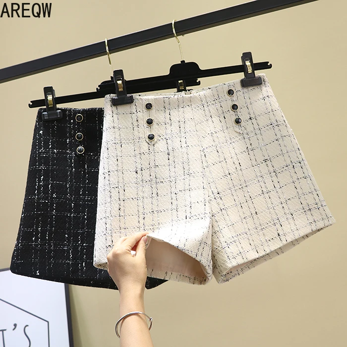 Клетчатые женские шорты 2020 новые весенне-осенние твидовые с высокой талией