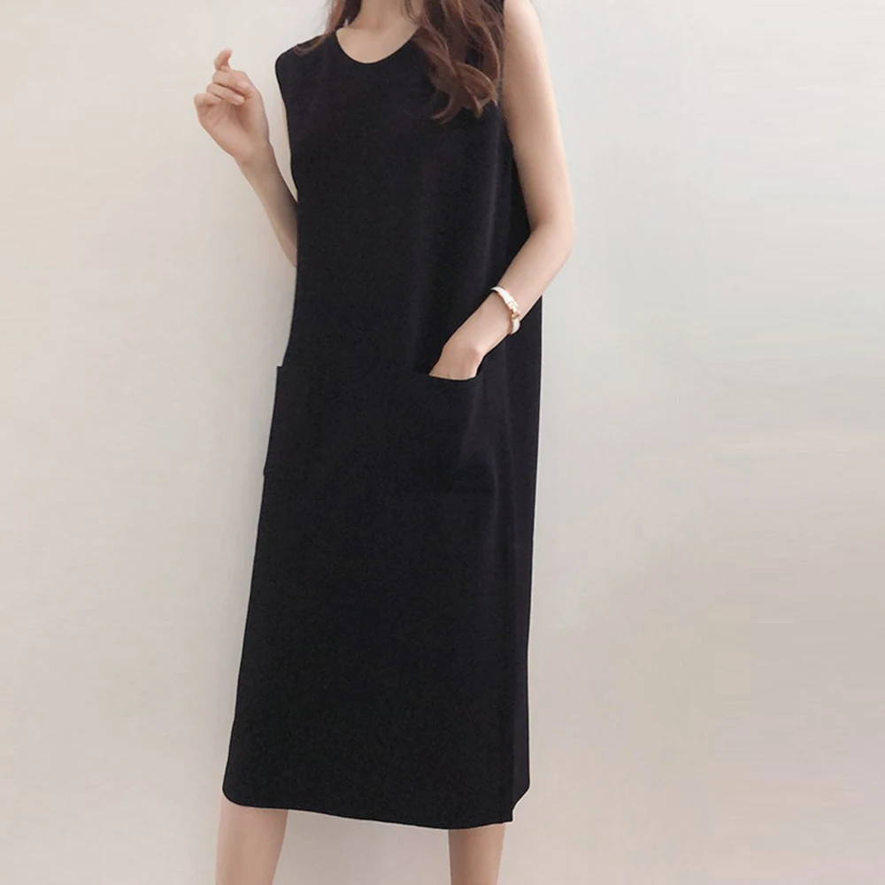 Женское винтажное платье миди с карманами элегантное простое длинное однотонное