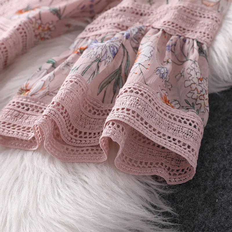 

Vintage Printing Women Dresses New Spring Autumn Retro V Neck 3/4 Trumpet Sleeve High Waist Button Chiffon Cake Dress for Ladies