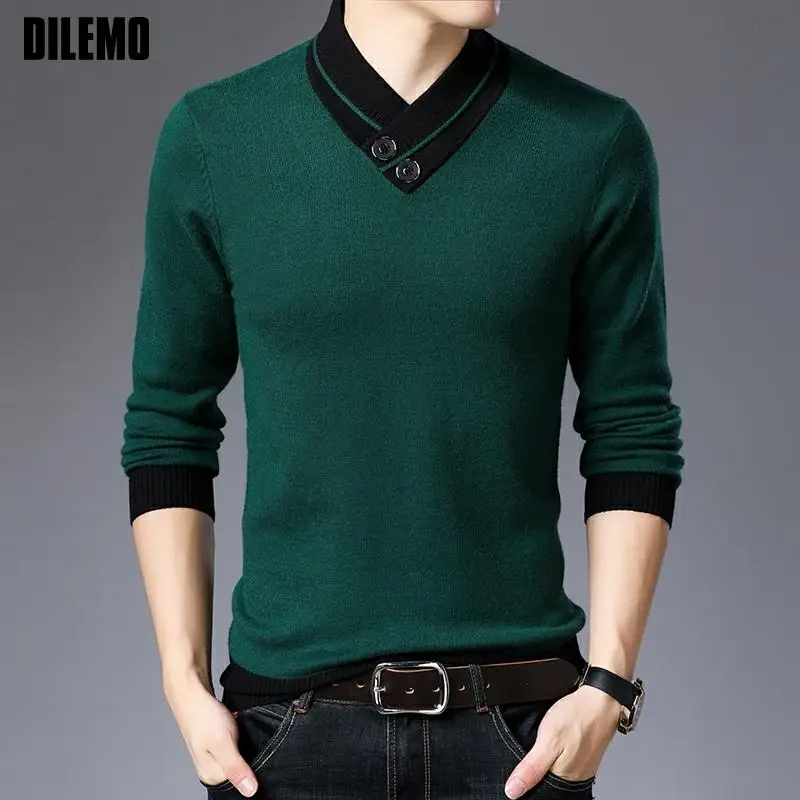 

New Fashion Top Quality Brand Knit Trendy Solid Color Men Pullover Sweater Autum V Neck College Casual Jumper Men's Clothing