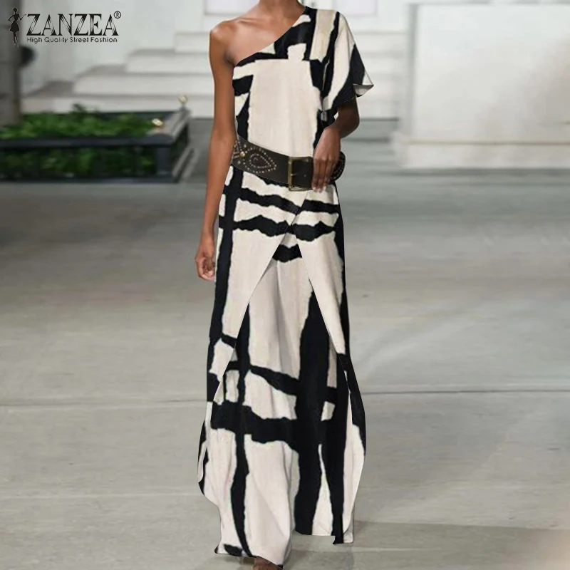 

Fashion Oversized ZANZEA Women's Jumpsuits 2021 Summer Stylish Printed Overalls Casual Loose Off Shoulder Loose Romper Playsuits