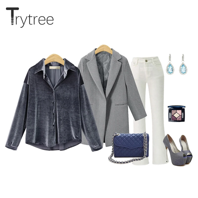 Женская однобортная блузка Ttytree однотонная серая Повседневная Свободная