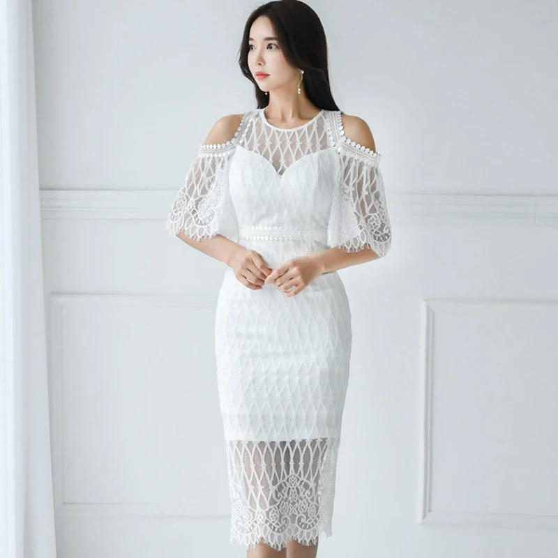 

Off Shoulder Summer Hollow Lace Pencil Dress Sexy Club Slim High Waist Plain Color Temperament Elegant Party Dress Women TA7874