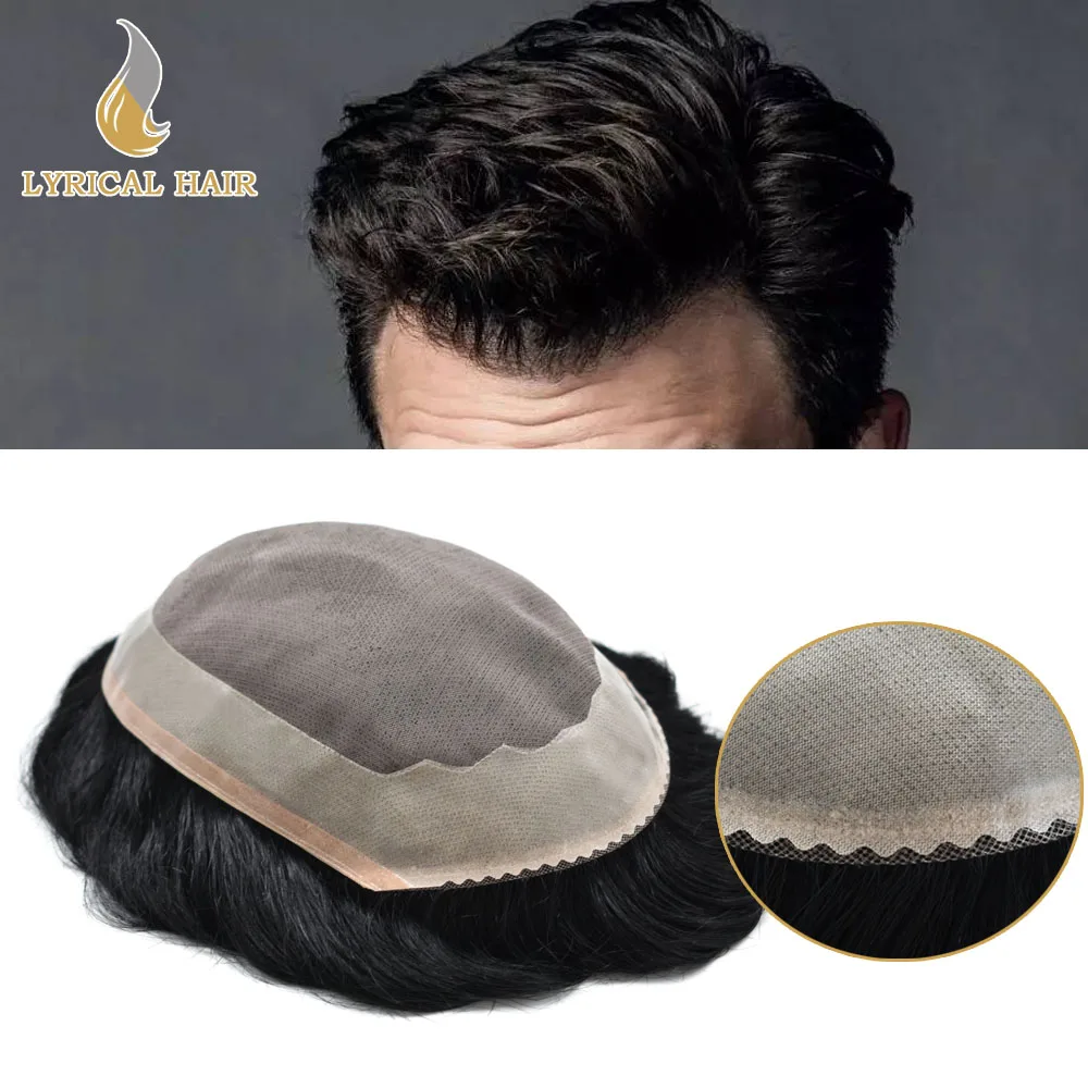 

Fine Mono Mens Toupee Poly Coating Around Hair Systems Black Indian Remy Human Hairpieces Druable PU Replacements for Men