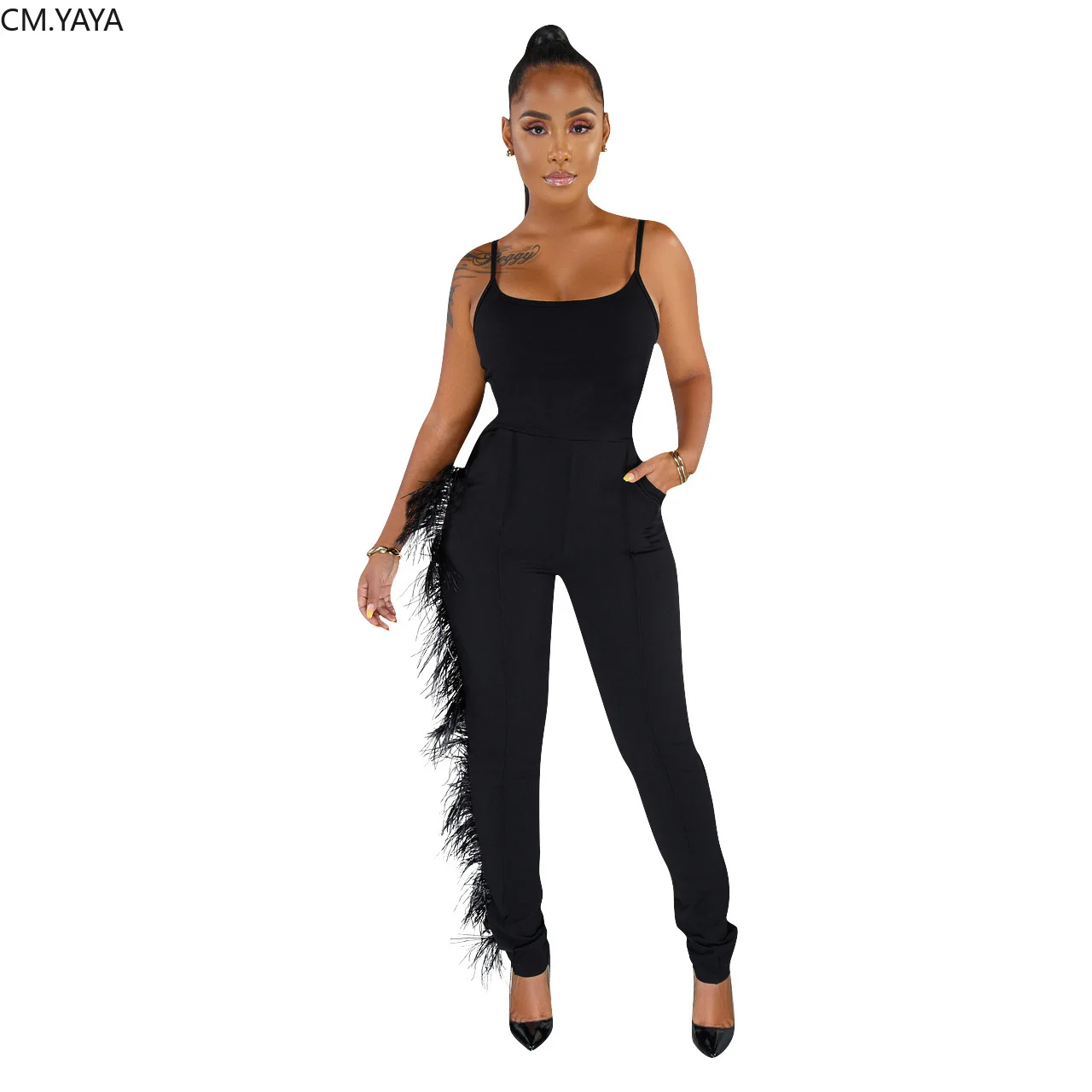 Женский Облегающий комбинезон на тонких бретелях с высокой талией клубный