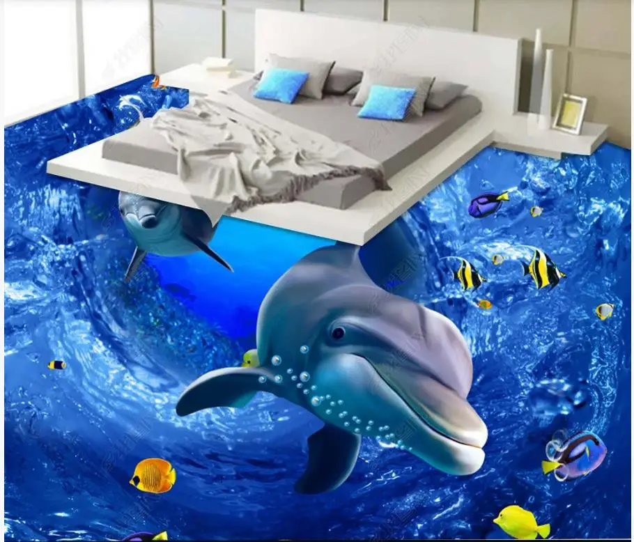 

Custom Picture Self-adhesive Flooring wallpapers Wall Sticker HD 3D Ocean World Dolphin Floor Painting wall papers home decor