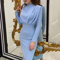 elegant women dress stand collar slim waist solid blue ankle length autumn long sleeve casual party dress 2022 new fashion