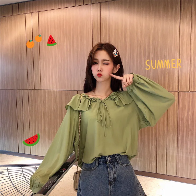 Новые осенние милые женские рубашки с оборками свободная Студенческая блузка