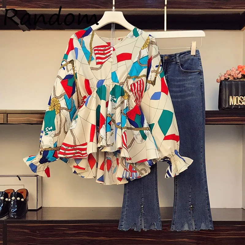 Женский офисный костюм размера плюс 4XL Цветочная рубашка и джинсовые брюки