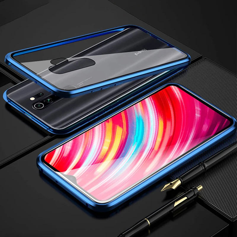 Магнитный стеклянный чехол для Xiaomi redmi note 8 pro, двойной чехол из закаленного стекла, Металлическая магнитная адсорбционная Крышка для redmi note 8 - Цвет: Синий