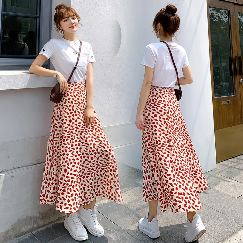 Летние шифоновые длинные юбки в горошек с высокой талией трапециевидные до