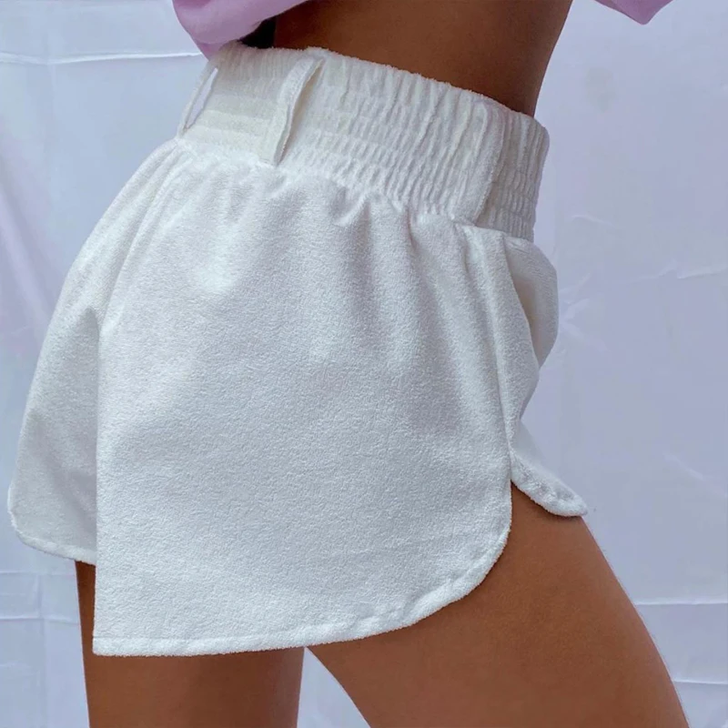 Summer White Towelling Shorts Women Elastic High Waist Wide Leg Shorts Ladies Side Split Casual Sexy Beach Shorts Short Mujer