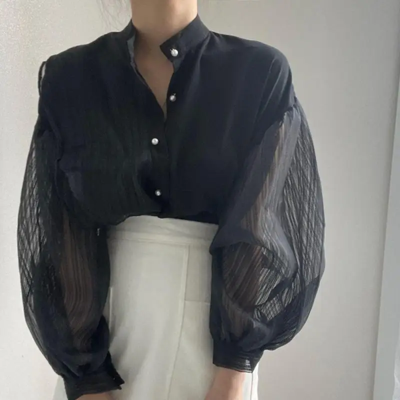 

Chic Stand Collar Mesh Sleeve Tuxedo Shirts Women Korean Simple Solid Lantern Sleeve Single Breasted Blouse Ladies