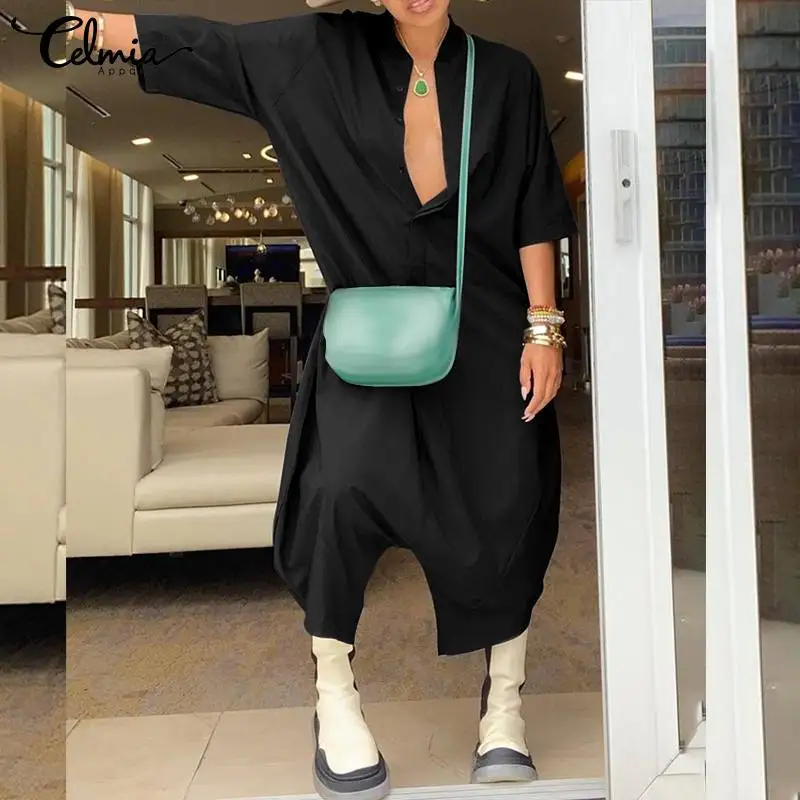 

2022 New Celmia Fashion Solid Rompers Autumn Casual Loose 3/4 Sleeve Overalls Work Button O Neck Harem Pants Jumpsuits Oversized