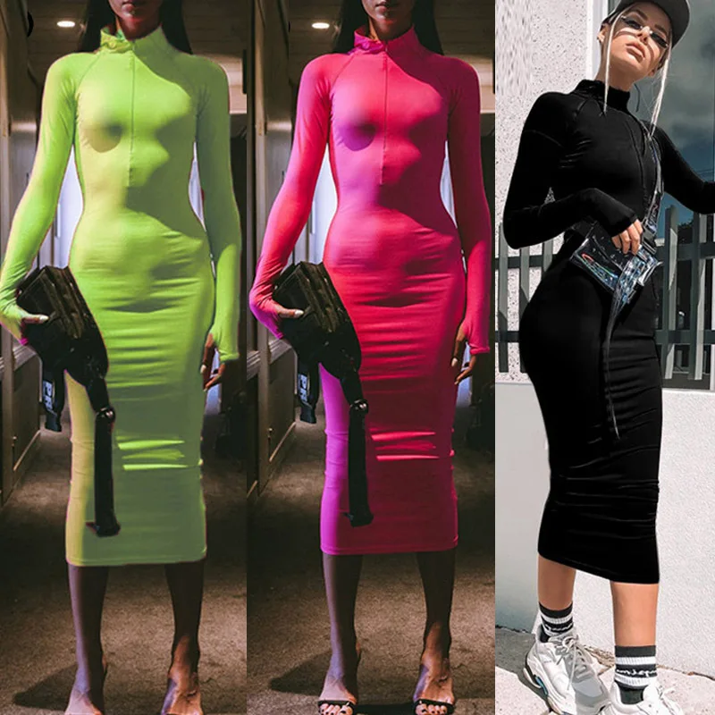 

2021 New Autumn Neon Color Long Fall Women Sexy Skinny Zipper Front Long Sleeve Bandage Party Female Harajuku Dress