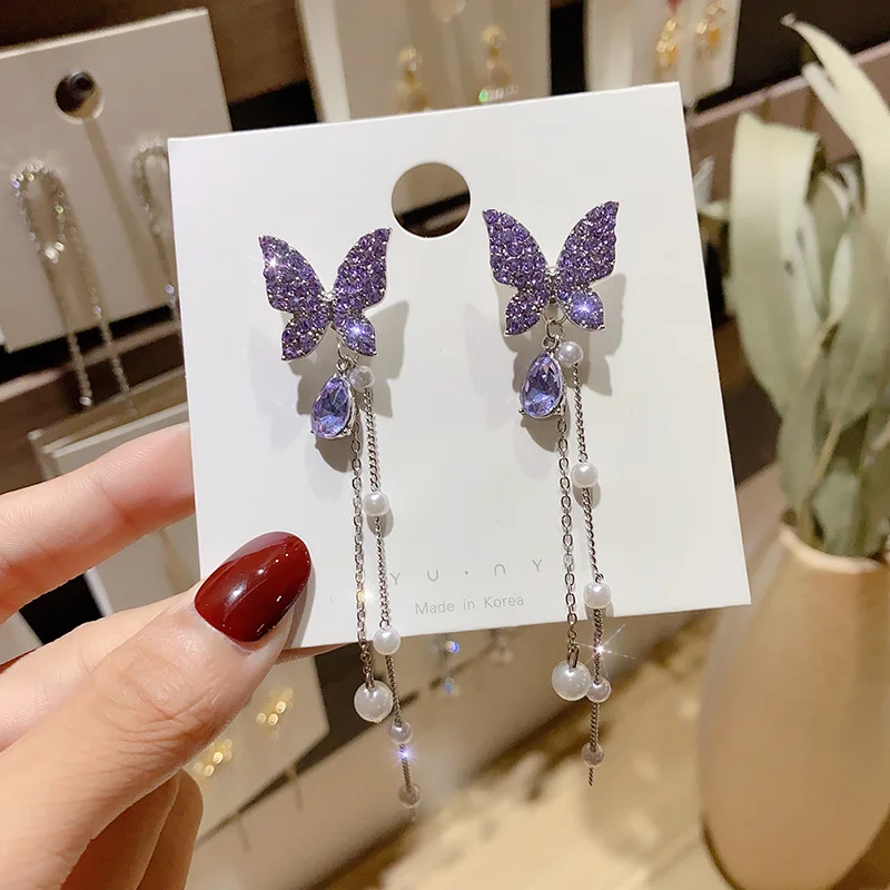 

Women Shiny Rhinestone Butterfly Drop Dangle Earrings Long Pearl Pendant Tassel Hanging Cute Earrings Stud Unusual Party Jewelry