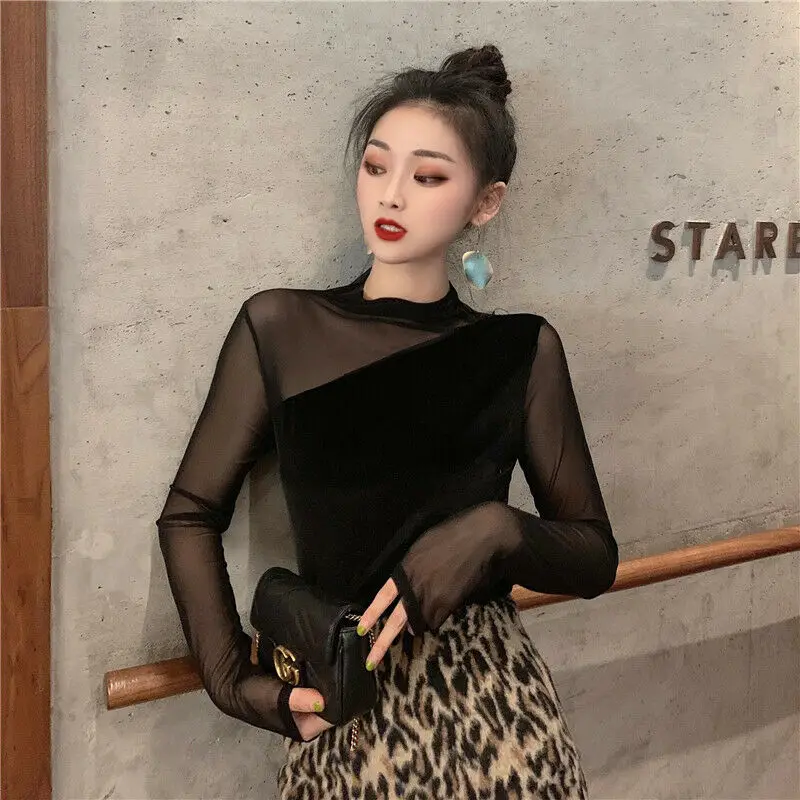 Модная женская сексуальная рубашка с длинным рукавом сетчатые тонкие топы