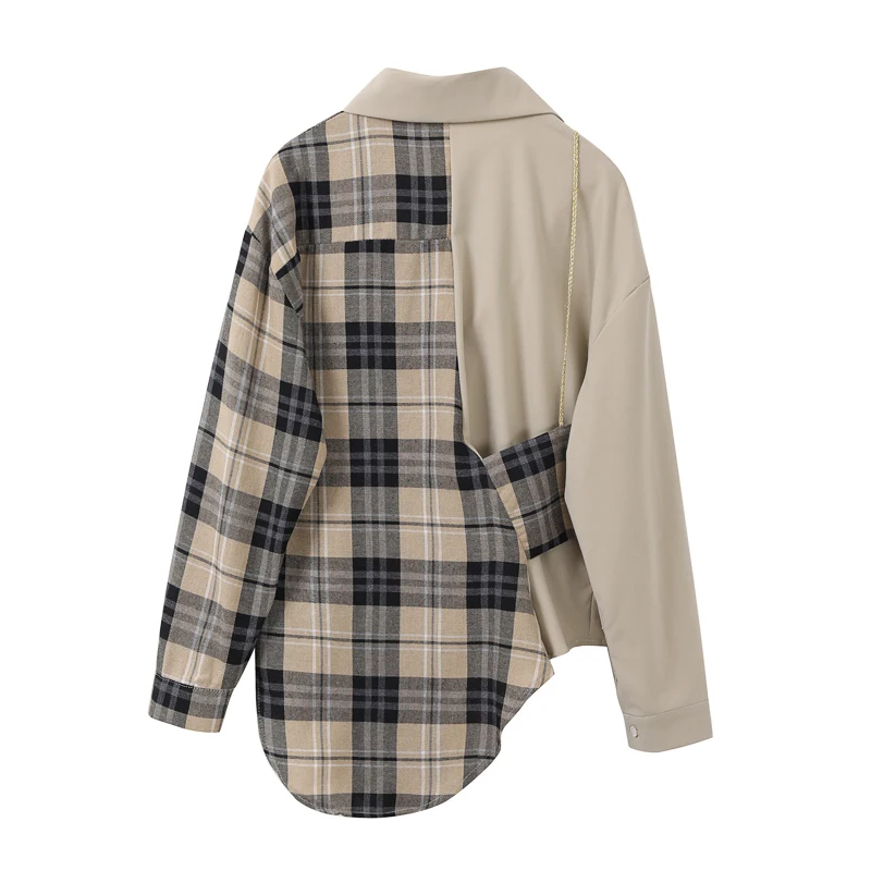 

Women Spring Autumn 2021 Plaid Irregular Split Joint Blouse New Lapel Long Sleeve Loose Fit Shirt Fashion Tide